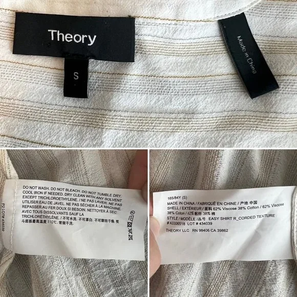 Theory Easy Shirt Size Small Corded Texture Ivory Multi Striped Cuffs Career Top - Picture 13 of 13